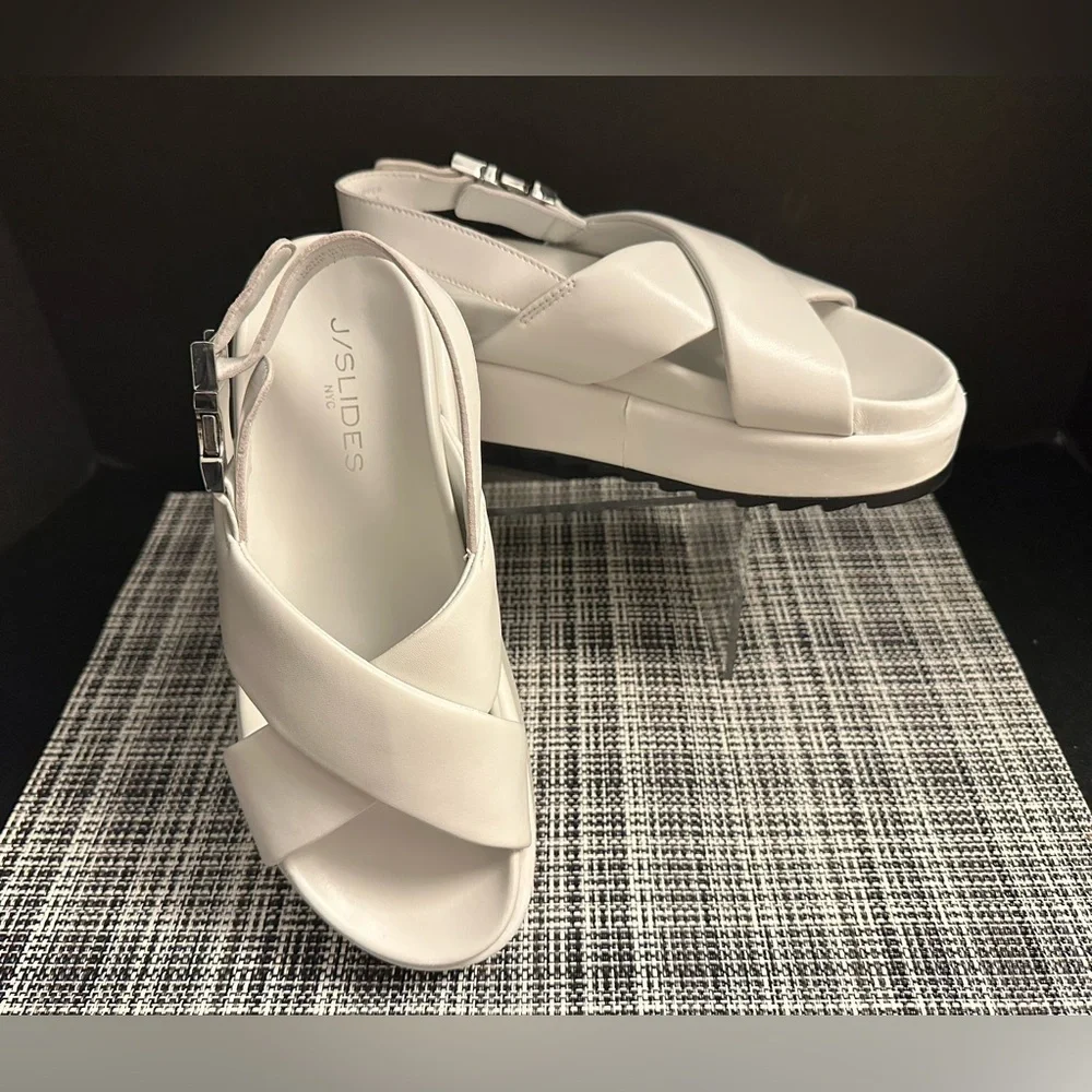 J/SLIDES White Cross-Strap Platform Slingback Sandals